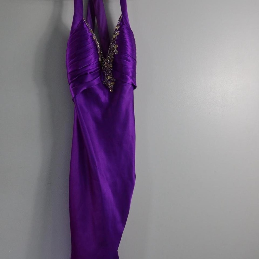 Purple Flirt Maggie Sottero formal dress with beaded top and open back Prom Ball